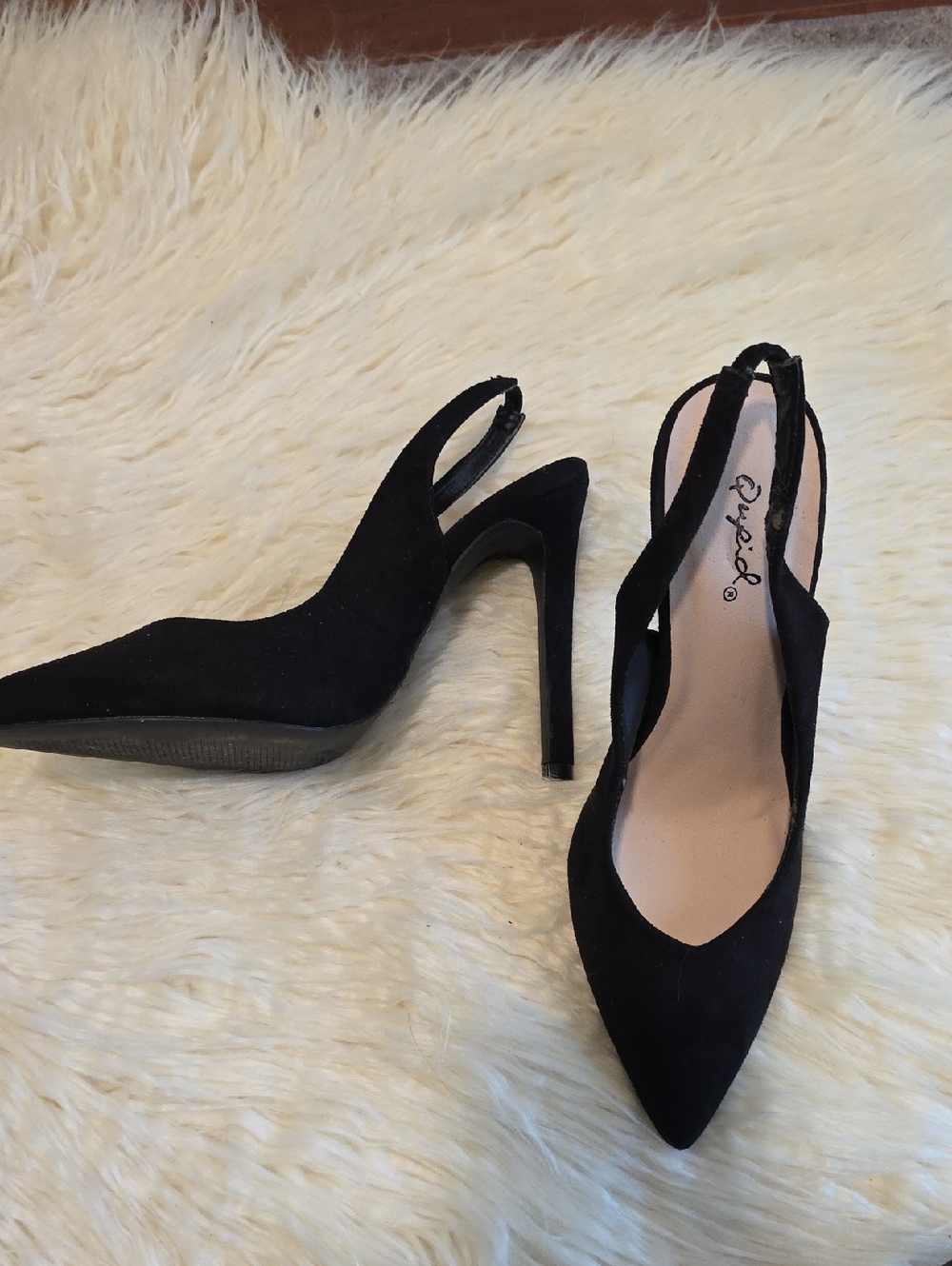 Qupid Black Suede Pointed Slingback Stiletto Heels